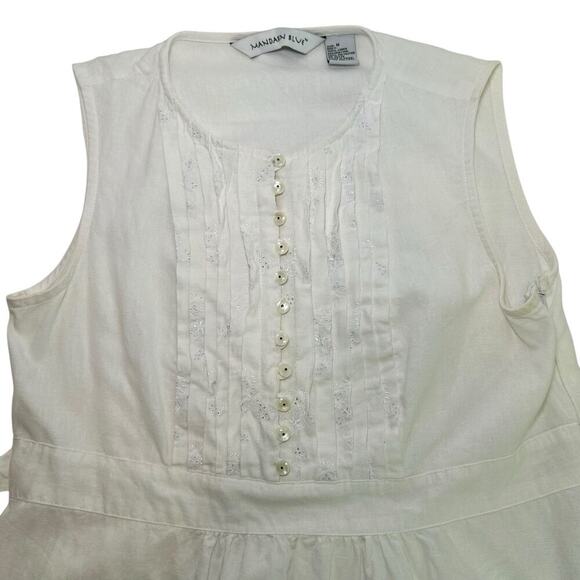 Mandarine Blue Linen White Eyelet Pin Tuck Top Medium Cottagecore Coastal - Picture 10 of 11